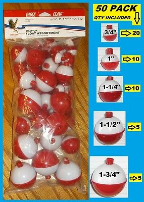 50 Assorted Fishing Bobbers Round Floats Red & White! Snap On Float Assortment